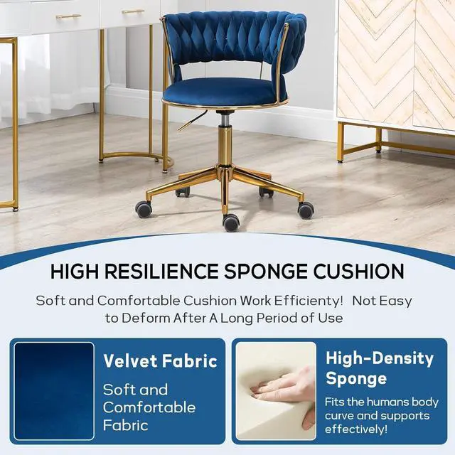 Alt view image 4 of 7 - NIOIIKIT Velvet Office Desk Chair with Hand Woven Backrest, 360° Swivel & Height Adjustable Task Chairs, Makeup Chair, Living Room Chairs with Stainless Base and 5 Wheels (Navy)