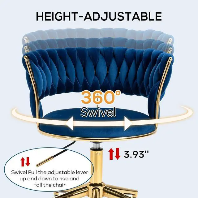 Alt view image 5 of 7 - NIOIIKIT Velvet Office Desk Chair with Hand Woven Backrest, 360° Swivel & Height Adjustable Task Chairs, Makeup Chair, Living Room Chairs with Stainless Base and 5 Wheels (Navy)