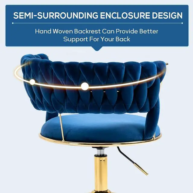 Alt view image 6 of 7 - NIOIIKIT Velvet Office Desk Chair with Hand Woven Backrest, 360° Swivel & Height Adjustable Task Chairs, Makeup Chair, Living Room Chairs with Stainless Base and 5 Wheels (Navy)