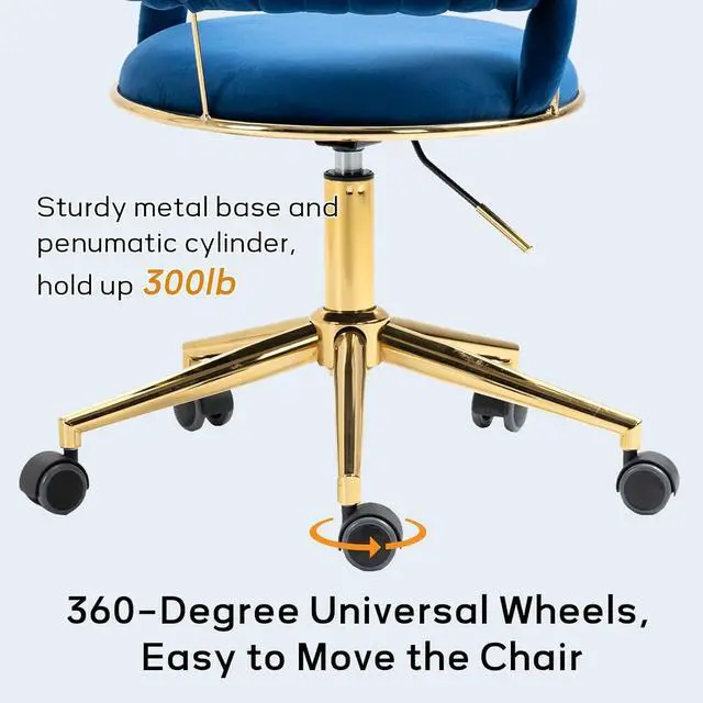 Alt view image 7 of 7 - NIOIIKIT Velvet Office Desk Chair with Hand Woven Backrest, 360° Swivel & Height Adjustable Task Chairs, Makeup Chair, Living Room Chairs with Stainless Base and 5 Wheels (Navy)