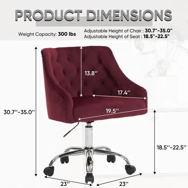 Alt view image 3 of 7 - ATTICA Vanity Chair with Back, Upholstered Velvet Swivel Desk Chair for Home Office, Diamond Cluster Back Design with Adjustable Wheels for Living Room, Bedroom, Comfortable Study (Burgundy)