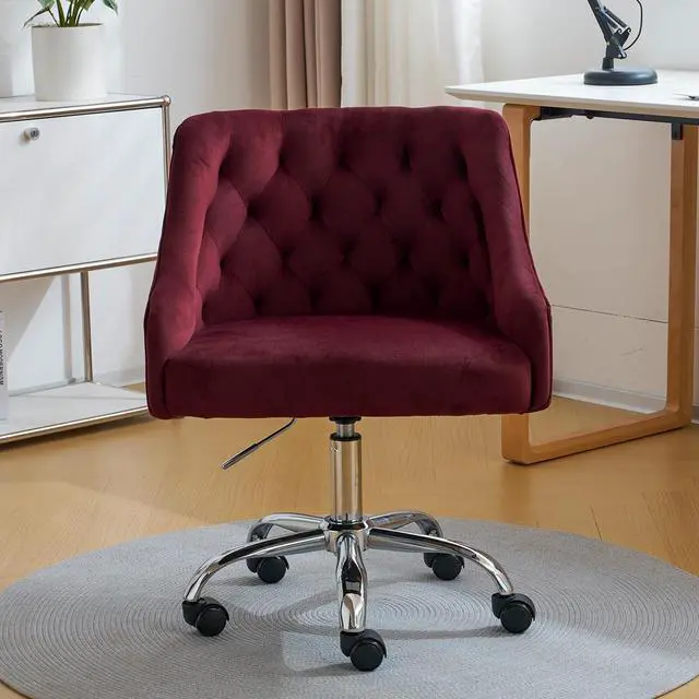 Alt view image 2 of 7 - ATTICA Vanity Chair with Back, Upholstered Velvet Swivel Desk Chair for Home Office, Diamond Cluster Back Design with Adjustable Wheels for Living Room, Bedroom, Comfortable Study (Burgundy)