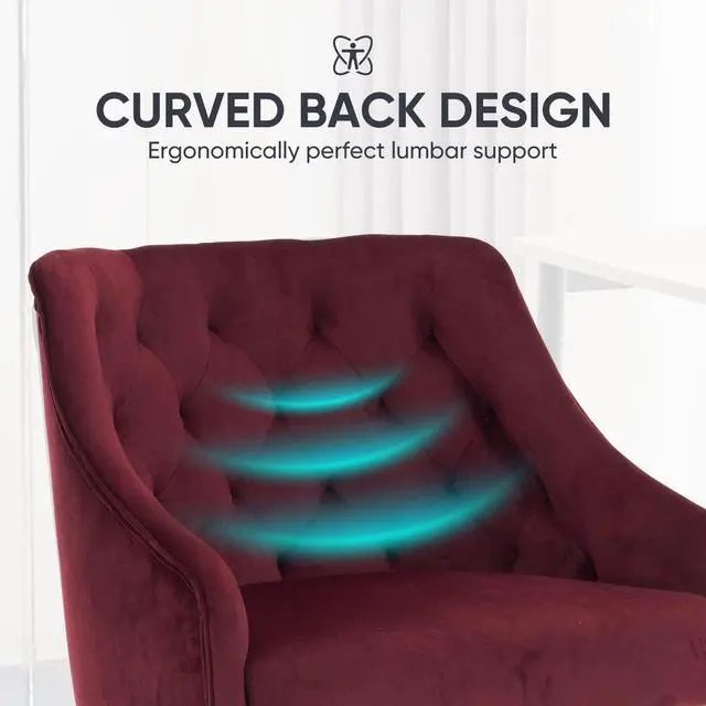 Alt view image 4 of 7 - ATTICA Vanity Chair with Back, Upholstered Velvet Swivel Desk Chair for Home Office, Diamond Cluster Back Design with Adjustable Wheels for Living Room, Bedroom, Comfortable Study (Burgundy)