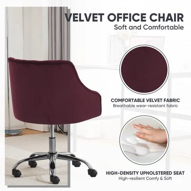 Alt view image 5 of 7 - ATTICA Vanity Chair with Back, Upholstered Velvet Swivel Desk Chair for Home Office, Diamond Cluster Back Design with Adjustable Wheels for Living Room, Bedroom, Comfortable Study (Burgundy)