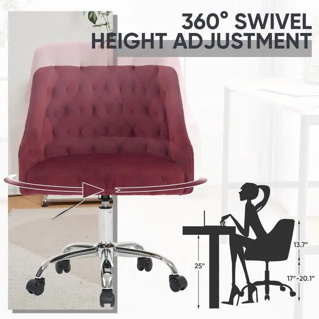 Alt view image 6 of 7 - ATTICA Vanity Chair with Back, Upholstered Velvet Swivel Desk Chair for Home Office, Diamond Cluster Back Design with Adjustable Wheels for Living Room, Bedroom, Comfortable Study (Burgundy)
