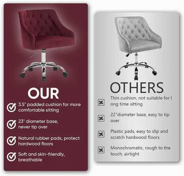 Alt view image 7 of 7 - ATTICA Vanity Chair with Back, Upholstered Velvet Swivel Desk Chair for Home Office, Diamond Cluster Back Design with Adjustable Wheels for Living Room, Bedroom, Comfortable Study (Burgundy)