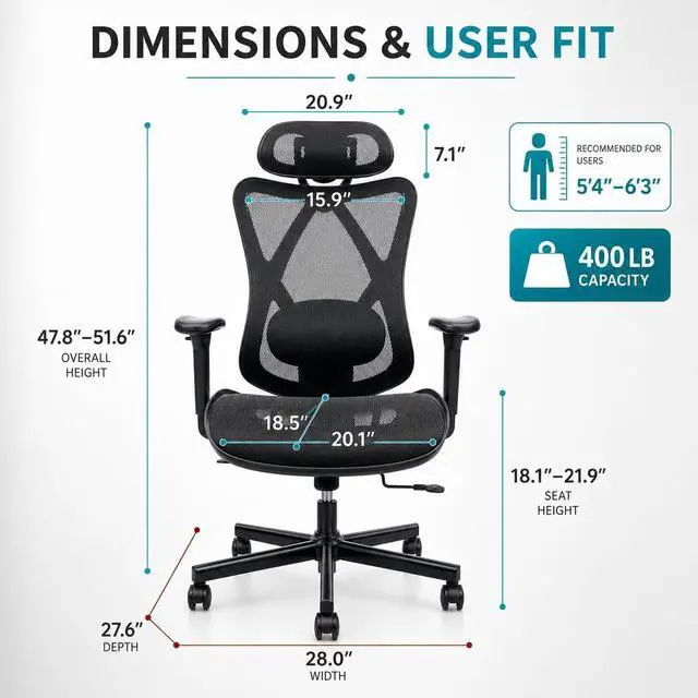 Alt view image 3 of 7 - Ergonomic Office Chair, Mesh High Back Desk Seat | Adjustable Lumbar Support, Headrest, Adjustable Armrests, 90-135 Degree Tilt Lock, Quiet Wheels, 280lb Capacity