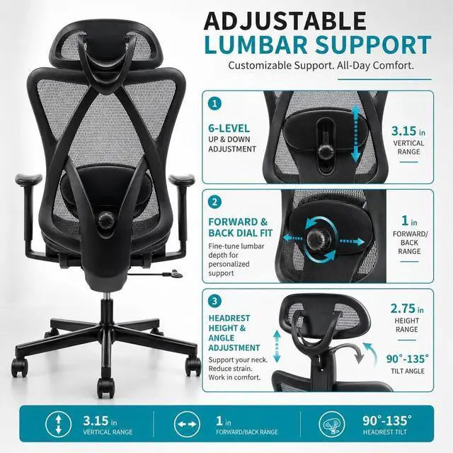 Alt view image 4 of 7 - Ergonomic Office Chair, Mesh High Back Desk Seat | Adjustable Lumbar Support, Headrest, Adjustable Armrests, 90-135 Degree Tilt Lock, Quiet Wheels, 280lb Capacity