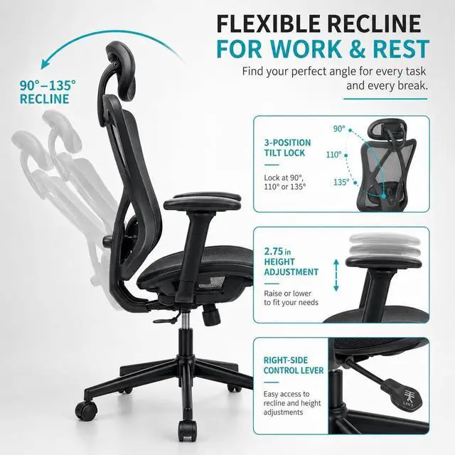 Alt view image 6 of 7 - Ergonomic Office Chair, Mesh High Back Desk Seat | Adjustable Lumbar Support, Headrest, Adjustable Armrests, 90-135 Degree Tilt Lock, Quiet Wheels, 280lb Capacity