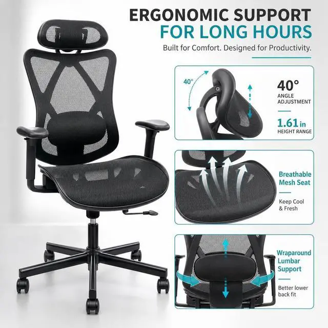 Alt view image 7 of 7 - Ergonomic Office Chair, Mesh High Back Desk Seat | Adjustable Lumbar Support, Headrest, Adjustable Armrests, 90-135 Degree Tilt Lock, Quiet Wheels, 280lb Capacity