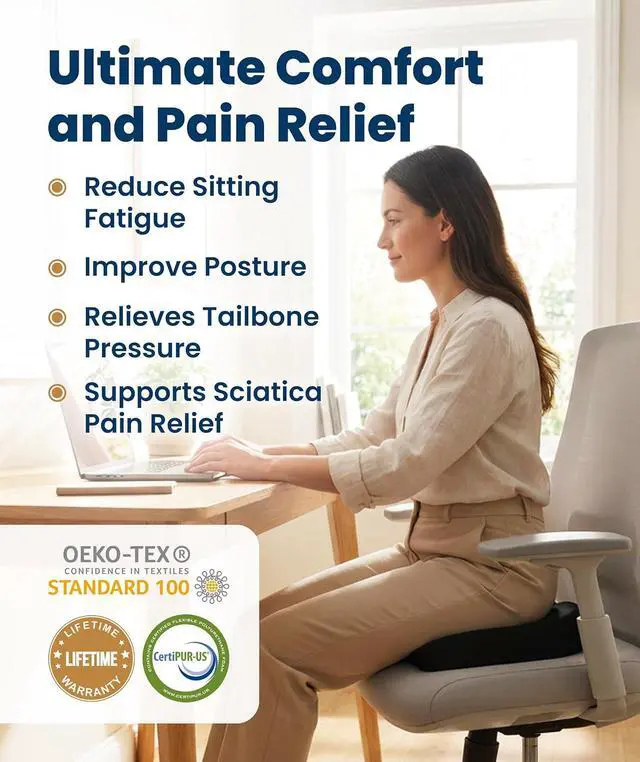Alt view image 2 of 7 - Everlasting Comfort Doctor Recommended Memory Foam Seat Cushion for Office Chairs & Car - Ergonomic Office Desk Accessories - Cushions for Tailbone Pain Relief, Sciatica (Black, Large)