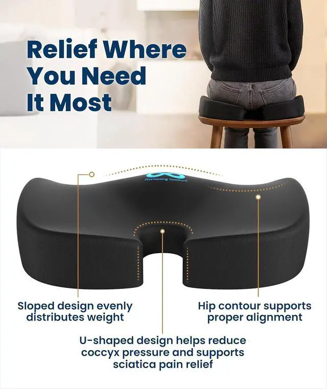 Alt view image 3 of 7 - Everlasting Comfort Doctor Recommended Memory Foam Seat Cushion for Office Chairs & Car - Ergonomic Office Desk Accessories - Cushions for Tailbone Pain Relief, Sciatica (Black, Large)