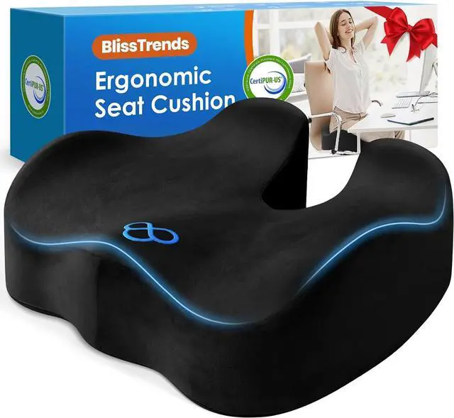 Main image of BlissTrends Memory Foam Seat Cushion for Office Chair & Car Seat, Black | Ergonomic Tailbone & Sciatica Support with Removable Velvet Cover for Pressure Relief and Long Sitting Comfort, 3.3" Thick