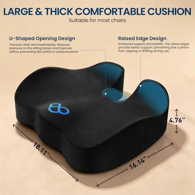 Alt view image 4 of 7 - BlissTrends Memory Foam Seat Cushion for Office Chair & Car Seat, Black | Ergonomic Tailbone & Sciatica Support with Removable Velvet Cover for Pressure Relief and Long Sitting Comfort, 3.3" Thick