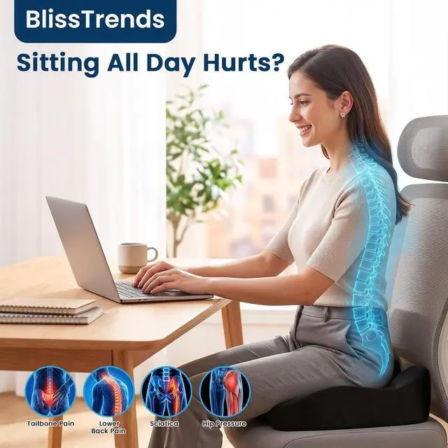 Alt view image 5 of 7 - BlissTrends Memory Foam Seat Cushion for Office Chair & Car Seat, Black | Ergonomic Tailbone & Sciatica Support with Removable Velvet Cover for Pressure Relief and Long Sitting Comfort, 3.3" Thick
