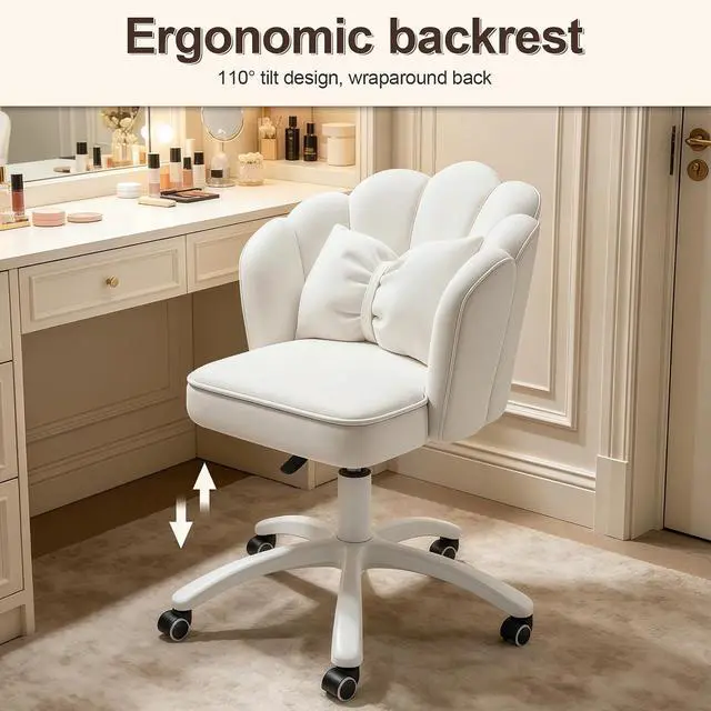 Alt view image 7 of 7 - Petal Desk Chair with Bow Cushion Velvet Vanity Chair with Wheels, Upholstered Home Office Chair for Girls Women, Mid-Back Swivel Computer Task Chairs for Living Room Bedroom