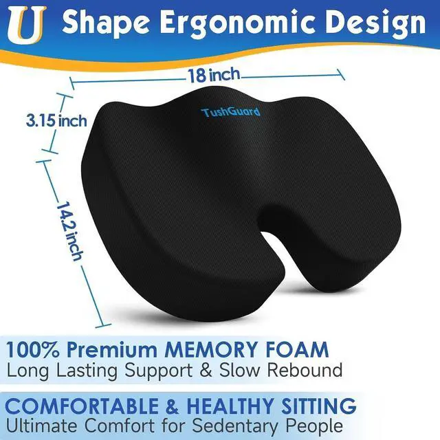 Alt view image 2 of 7 - TushGuard Seat Cushion for Office Chair, Car, Memory Foam, Black Large | For Back, Coccyx, Sciatica, Tailbone, Ergonomic Design, Non-Slip, Desk Wheelchair Use, Supportive Butt Pillow, For Man