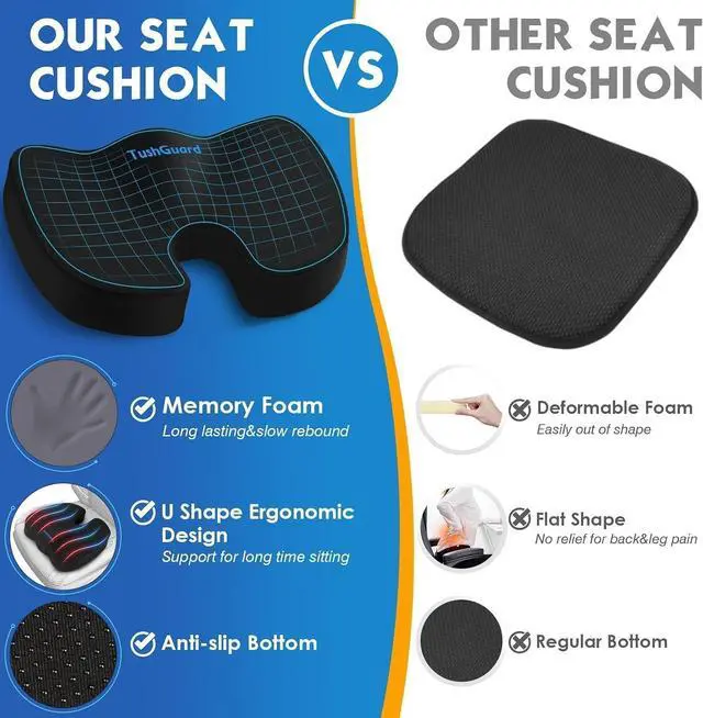 Alt view image 4 of 7 - TushGuard Seat Cushion for Office Chair, Car, Memory Foam, Black Large | For Back, Coccyx, Sciatica, Tailbone, Ergonomic Design, Non-Slip, Desk Wheelchair Use, Supportive Butt Pillow, For Man