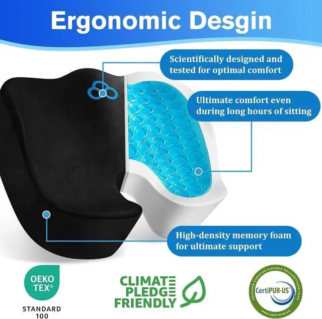 Alt view image 2 of 7 - CushyOasis Seat Cushion, Gel Memory Foam Office Chair Cushions, (Black) | Anti-Slip Back & Removable Cover, Ergonomic Tailbone Support Seat Cushion, Memory Foam Seat Cushion for Office