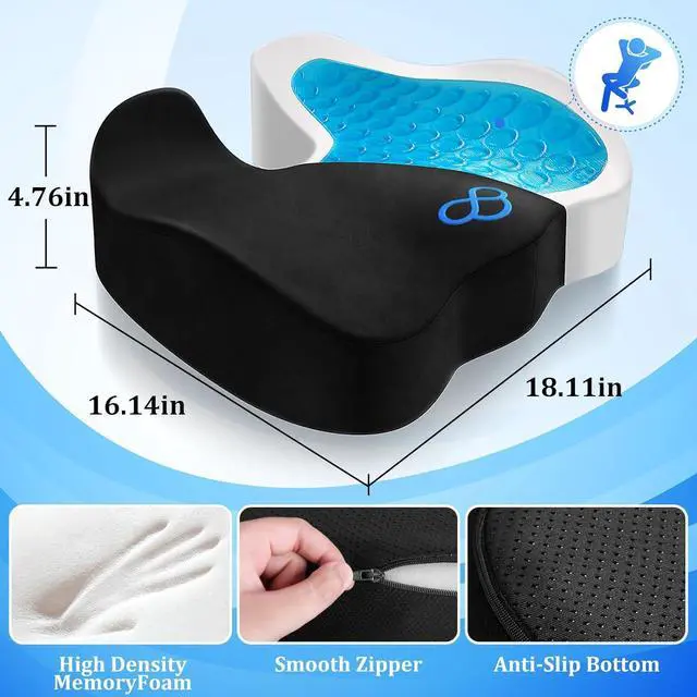 Alt view image 5 of 7 - CushyOasis Seat Cushion, Gel Memory Foam Office Chair Cushions, (Black) | Anti-Slip Back & Removable Cover, Ergonomic Tailbone Support Seat Cushion, Memory Foam Seat Cushion for Office