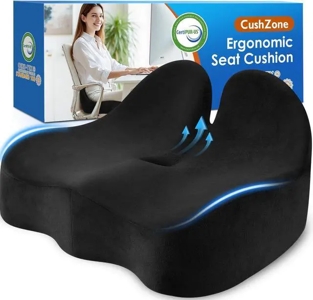 Main image of CushZone Ergonomic Seat Cushion, Sciatica Support for Office Chair, Black | Large Size for Sciatica & Hip & Tailbone Pain Relief, Memory Foam Office Chair Cushion for Car, Long Trip, Desk Chair, Lab
