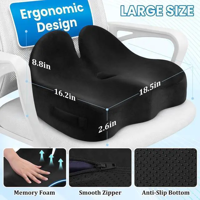 Alt view image 2 of 7 - CushZone Ergonomic Seat Cushion, Sciatica Support for Office Chair, Black | Large Size for Sciatica & Hip & Tailbone Pain Relief, Memory Foam Office Chair Cushion for Car, Long Trip, Desk Chair, Lab