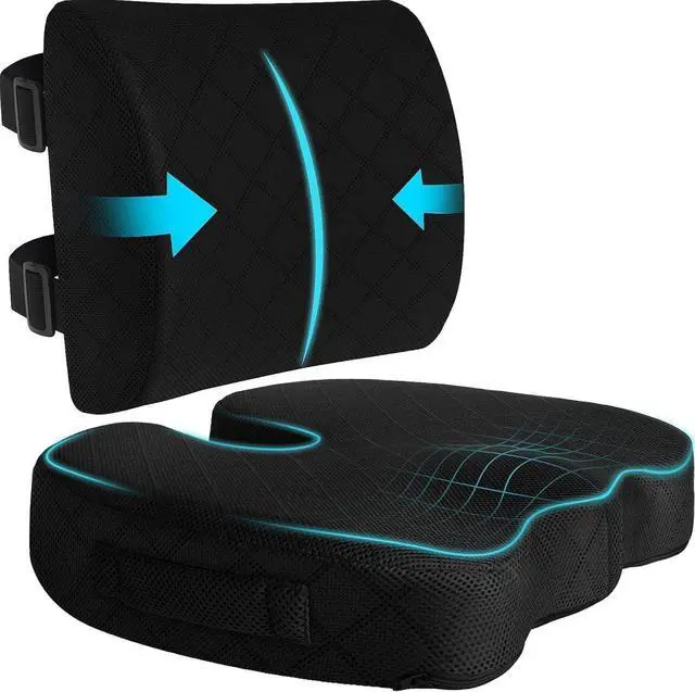 Main image of Back&Seat Cushion, Chair Cushions, Lumbar Back Support Pillow, Black/Large | Breathable Memory Foam Back Support Pillow, Portable Airplane Seat Cushion for Travel, Computer Desk, Wheelchair, Driving