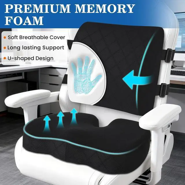 Alt view image 3 of 7 - Back&Seat Cushion, Chair Cushions, Lumbar Back Support Pillow, Black/Large | Breathable Memory Foam Back Support Pillow, Portable Airplane Seat Cushion for Travel, Computer Desk, Wheelchair, Driving