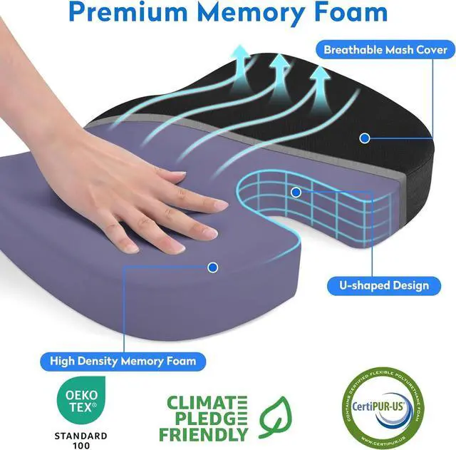 Alt view image 2 of 7 - CushZone Seat Cushion Memory Foam Chair Pad for Office & Car, Black | Office Seat Cushion, Sciatica, Tailbone Back Pain Relief, Orthopedic Coccyx Pillow for Car, Pregnancy & Long Sitting at Work