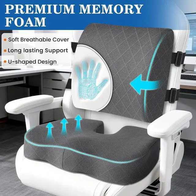 Alt view image 3 of 7 - Back&Seat Cushion, Chair Cushions, Lumbar Back Support Pillow, Grey/Large | Breathable Memory Foam Back Support Pillow, Portable Airplane Seat Cushion for Travel, Computer Desk, Wheelchair, Driving