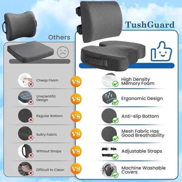 Alt view image 4 of 7 - Back&Seat Cushion, Chair Cushions, Lumbar Back Support Pillow, Grey/Large | Breathable Memory Foam Back Support Pillow, Portable Airplane Seat Cushion for Travel, Computer Desk, Wheelchair, Driving