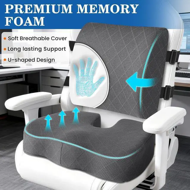 Alt view image 3 of 7 - Back&Seat Cushion, Chair Cushions, Lumbar Back Support Pillow, Grey/X-Large | Breathable Memory Foam Back Support Pillow, Portable Airplane Seat Cushion for Travel, Computer Desk, Wheelchair, Driving