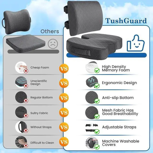 Alt view image 4 of 7 - Back&Seat Cushion, Chair Cushions, Lumbar Back Support Pillow, Grey/X-Large | Breathable Memory Foam Back Support Pillow, Portable Airplane Seat Cushion for Travel, Computer Desk, Wheelchair, Driving