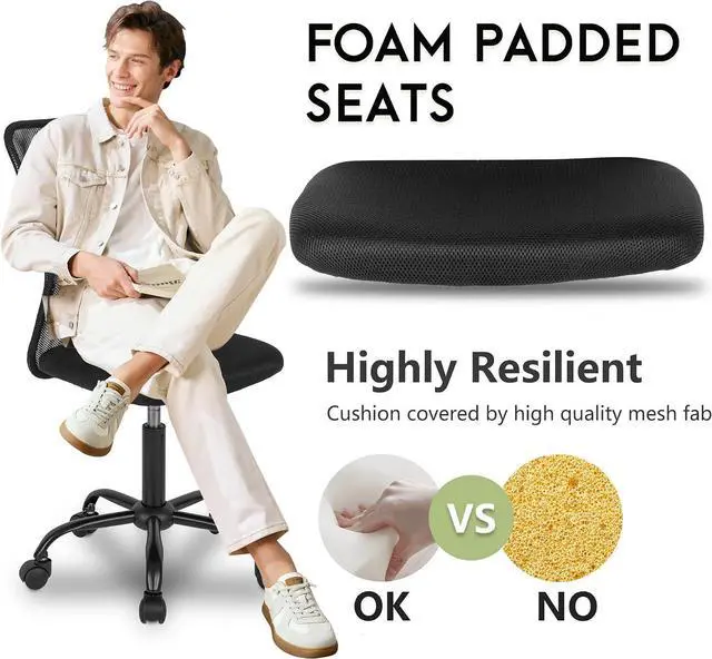 Alt view image 4 of 7 - BestOffice | Armless Office Chair | Black | with Lumbar Support | Ergonomic Computer Chair with Height Adjustment, 360 Swivel, High Density Cushion & Rotatable Wheels | For Home, Office