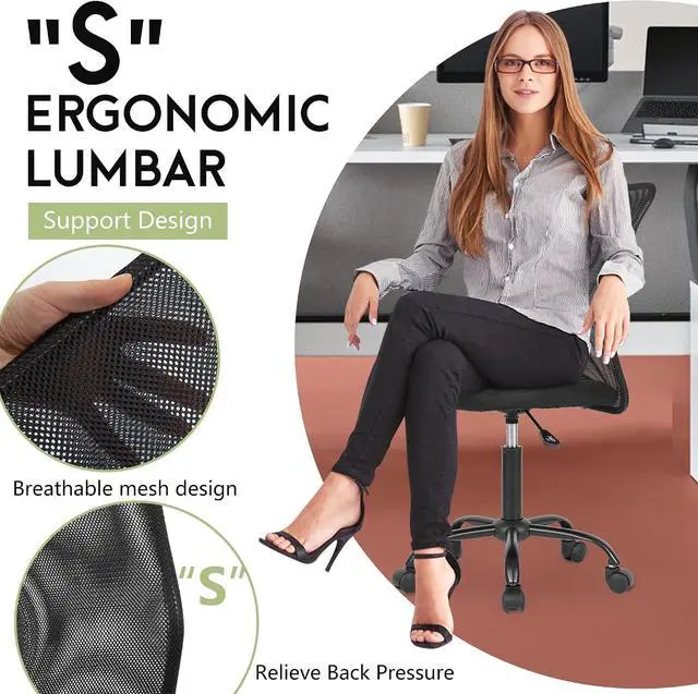 Alt view image 6 of 7 - BestOffice | Armless Office Chair | Black | with Lumbar Support | Ergonomic Computer Chair with Height Adjustment, 360 Swivel, High Density Cushion & Rotatable Wheels | For Home, Office