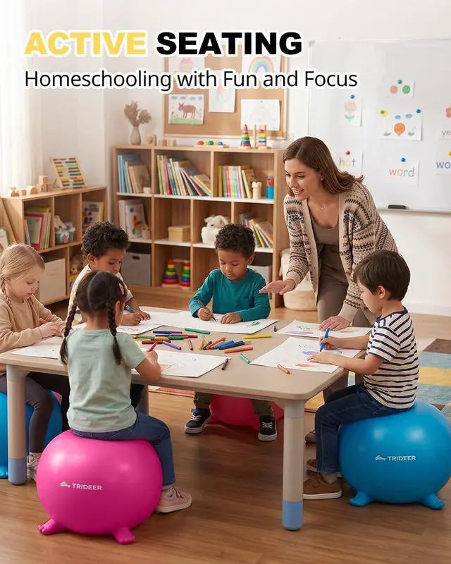 Alt view image 3 of 7 - Trideer Flexible Seating for Classroom Elementary, Yoga Ball Chairs for Kids, Wobble Chair of School Supplies for Sensory Kids, Student Desk Chairs for Homeschool (Blue, 55cm)