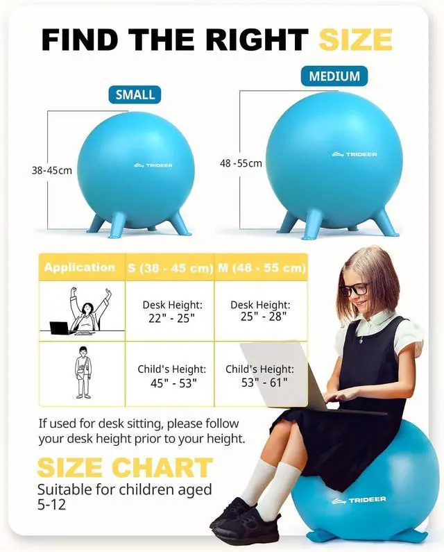 Alt view image 6 of 7 - Trideer Flexible Seating for Classroom Elementary, Yoga Ball Chairs for Kids, Wobble Chair of School Supplies for Sensory Kids, Student Desk Chairs for Homeschool (Blue, 55cm)