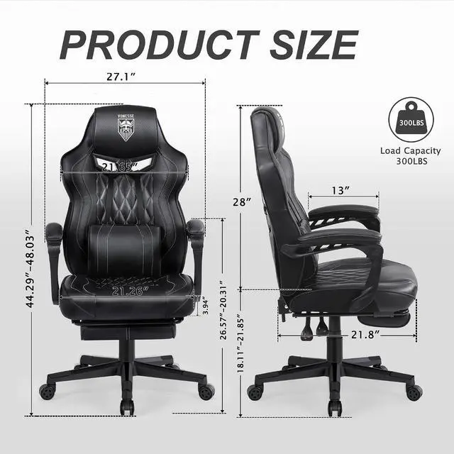 Alt view image 3 of 7 - Vonesse Gaming Chair, Computer Office Chair with Footrest, Reclining Gaming Chairs for Adults, Big and Tall Ergonomic Gaming Chair with Lumbar Support and Massage (Black)