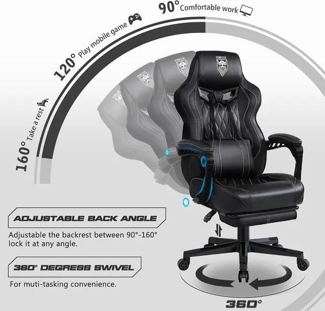 Alt view image 5 of 7 - Vonesse Gaming Chair, Computer Office Chair with Footrest, Reclining Gaming Chairs for Adults, Big and Tall Ergonomic Gaming Chair with Lumbar Support and Massage (Black)