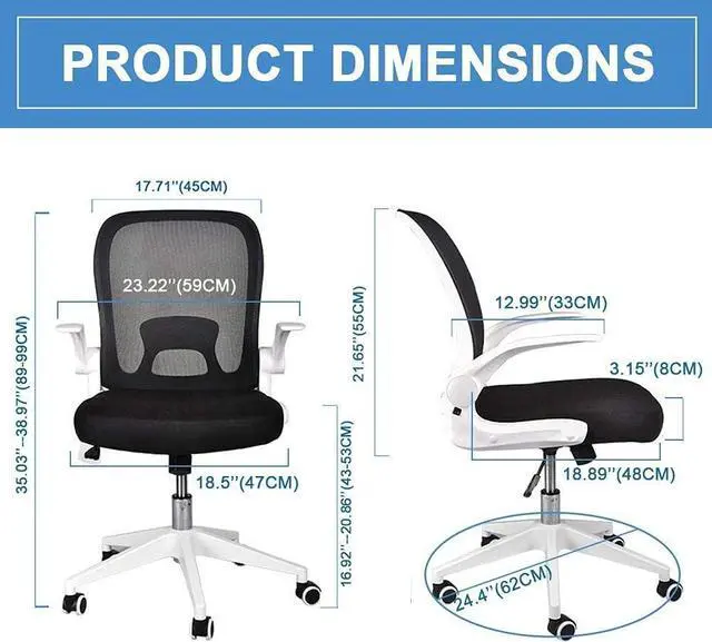 Alt view image 2 of 7 - IPKIG Foldable Office Chair - Home Office Desk Chairs with Wheels and Flip-Up Arms - Ergonomic Backrest Mesh Computer Chair Adjustable Swivel Rolling Home Executive (White)