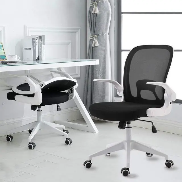 Main image of IPKIG Foldable Office Chair - Home Office Desk Chairs with Wheels and Flip-Up Arms - Ergonomic Backrest Mesh Computer Chair Adjustable Swivel Rolling Home Executive (White)