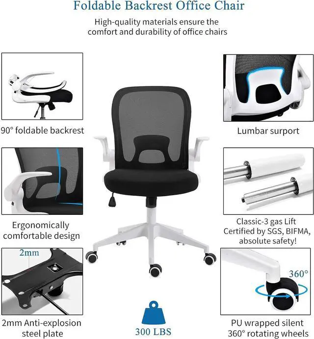 Alt view image 3 of 7 - IPKIG Foldable Office Chair - Home Office Desk Chairs with Wheels and Flip-Up Arms - Ergonomic Backrest Mesh Computer Chair Adjustable Swivel Rolling Home Executive (White)