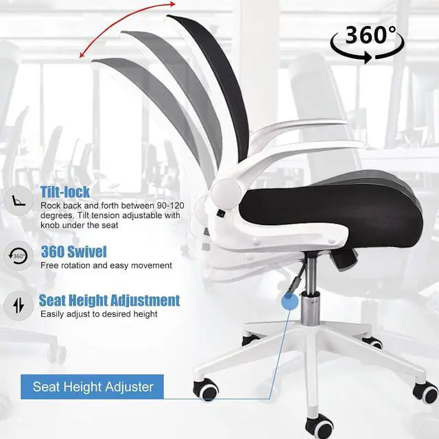 Alt view image 4 of 7 - IPKIG Foldable Office Chair - Home Office Desk Chairs with Wheels and Flip-Up Arms - Ergonomic Backrest Mesh Computer Chair Adjustable Swivel Rolling Home Executive (White)