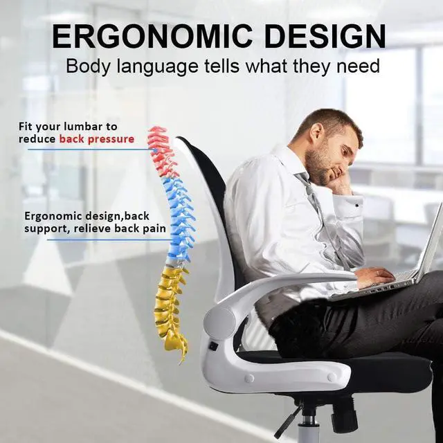 Alt view image 6 of 7 - IPKIG Foldable Office Chair - Home Office Desk Chairs with Wheels and Flip-Up Arms - Ergonomic Backrest Mesh Computer Chair Adjustable Swivel Rolling Home Executive (White)