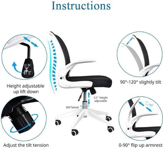 Alt view image 7 of 7 - IPKIG Foldable Office Chair - Home Office Desk Chairs with Wheels and Flip-Up Arms - Ergonomic Backrest Mesh Computer Chair Adjustable Swivel Rolling Home Executive (White)