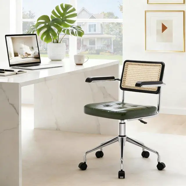 Alt view image 3 of 7 - Zesthouse Leather Office Desk Chair with Wheels, Mid Century Rolling Desk Chair with Wood Arm & Natural Rattan Back, Modern Swivel Home Office Chair, Small Height Adjustable Computer Task Chair, Green