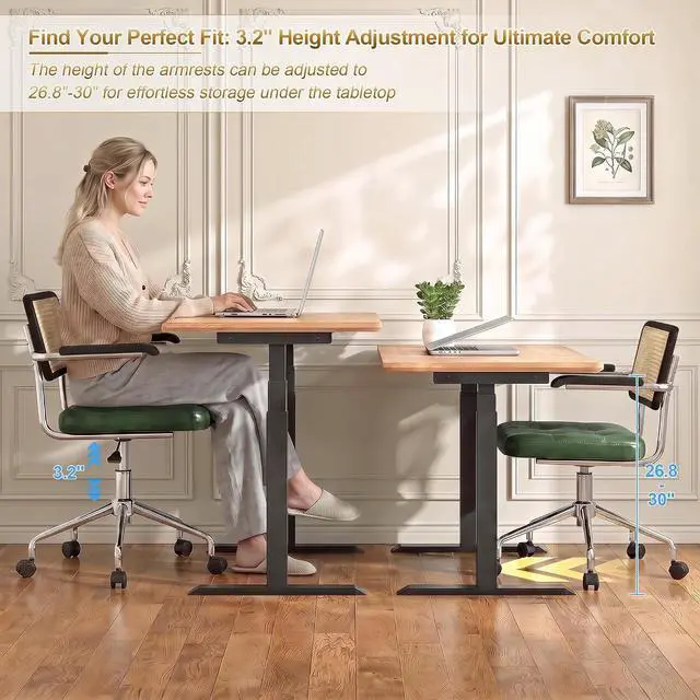 Alt view image 5 of 7 - Zesthouse Leather Office Desk Chair with Wheels, Mid Century Rolling Desk Chair with Wood Arm & Natural Rattan Back, Modern Swivel Home Office Chair, Small Height Adjustable Computer Task Chair, Green