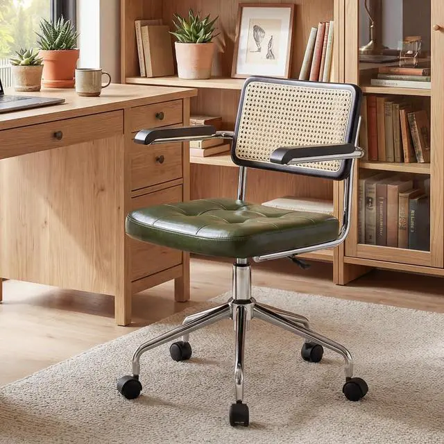 Alt view image 6 of 7 - Zesthouse Leather Office Desk Chair with Wheels, Mid Century Rolling Desk Chair with Wood Arm & Natural Rattan Back, Modern Swivel Home Office Chair, Small Height Adjustable Computer Task Chair, Green