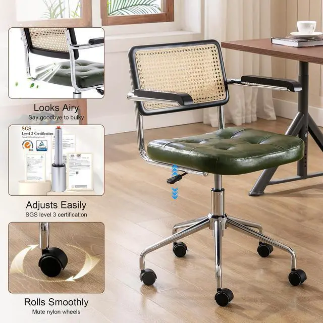 Alt view image 7 of 7 - Zesthouse Leather Office Desk Chair with Wheels, Mid Century Rolling Desk Chair with Wood Arm & Natural Rattan Back, Modern Swivel Home Office Chair, Small Height Adjustable Computer Task Chair, Green