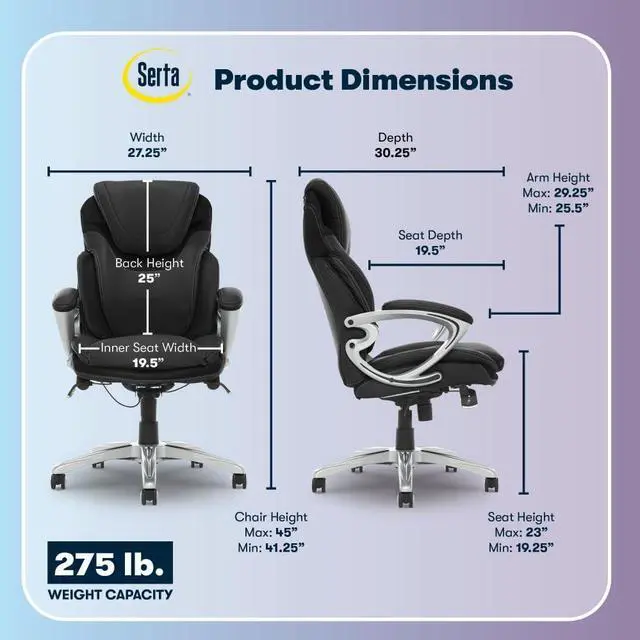 Alt view image 3 of 7 - Serta Bryce Executive Office Chair, Ergonomic Computer Desk Chairs with Patented AIR Lumbar Support, Comfy Body Pillows, Height Adjustable, Swivel Base with Wheels, Bonded Leather, Black